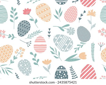 Happy Easter seamless Pattern. Colorful Easter Eggs, plant and flower on white. Cute Spring Holidays Background. Elements for Design of Card, packaging, flyer, Advertising, print