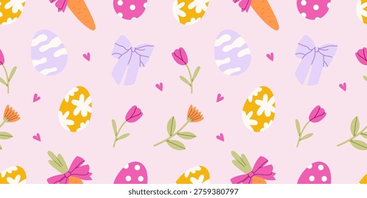 Happy Easter seamless pattern. Coquette background with Easter eggs, bows, flowers and hearts. Repeatable spring backdrop for printing. Hand drawn colored flat vector illustration Happy Easter seamless pattern. Coquette background with Easter eggs, bows, flowers and hearts. Repeatable spring backdrop for printing. Hand drawn colored flat vector illustration