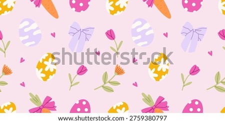 Happy Easter seamless pattern. Coquette background with Easter eggs, bows, flowers and hearts. Repeatable spring backdrop for printing. Hand drawn colored flat vector illustration