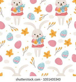 Happy Easter seamless pattern. Cute childish illustration with spring flowers, funny rabbit character and leaves. Romantic floral composition. Good for textile, background, wrapping paper.