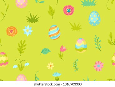 Happy Easter seamless pattern. Cute eggs and flowers for traditional celebration.