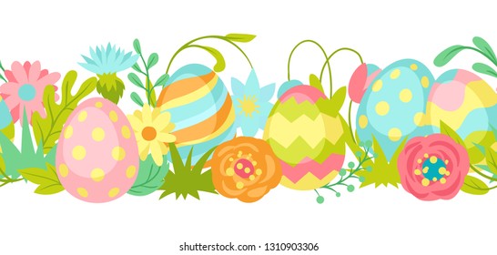 Happy Easter seamless pattern. Cute eggs and flowers for traditional celebration.