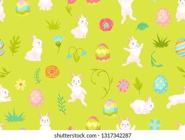 Happy Easter seamless pattern. Cute bunnies, eggs and flowers for traditional celebration.