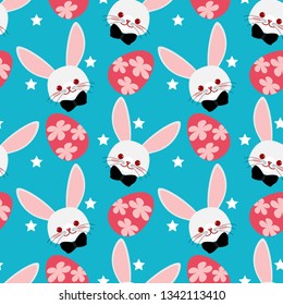 Happy Easter seamless pattern of cute rabbits with stars and Easter eggs on blue background. Vector illustration.