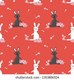 Happy Easter seamless pattern of cute rabbits in bramble and mushrooms on orange background. Vector illustration.