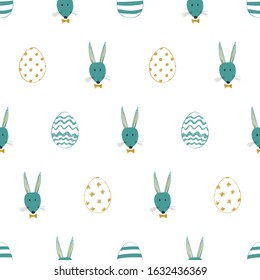 Happy Easter seamless pattern with cute bunny faces and ornate eggs. 