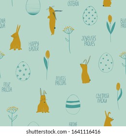 Happy Easter seamless pattern with cute bunny rabbits and ornate eggs. Greeting text in different languages - English, Russian, Italian, German, Spanish, Portuguese, French.