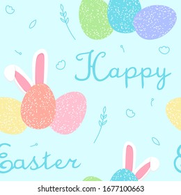 happy easter seamless pattern with cute cartoon bunny ears and colored eggs on light blue background, with handwritten sign and floral elements, editable vector illustration for holiday decoration, 