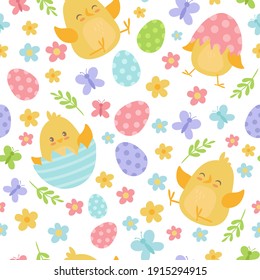 Happy Easter seamless pattern with cute cartoon  chickens, eggs, spring flowers