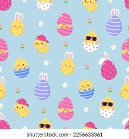 Happy Easter seamless pattern with cute yellow chick, colourful eggs, baby chicken and rabbit ears. Animal wildlife holiday cartoon character. -Vector.