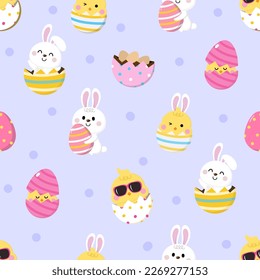 Happy Easter seamless pattern with cute yellow chick, colourful eggs, baby chicken and rabbits. Animal wildlife holiday cartoon character. -Vector.