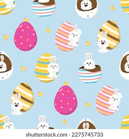 Happy Easter seamless pattern with cute yellow chick, colourful eggs, baby chicken and rabbits. Animal wildlife holiday cartoon character. -Vector.