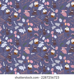 Happy Easter Seamless pattern with cute Easter rabbits, eggs,easter cakes, spring flowers and leaves in pastel colors on  magenta background. Isolated Easter decoration elements