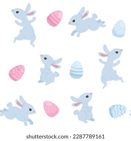 Happy Easter seamless pattern, cute blue bunnies and Easter eggs, for textiles, easter cards, banners, wallpapers