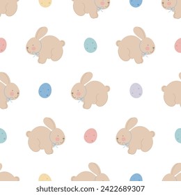 Happy Easter seamless pattern with cute bunny and eggs. Spring seamless pattern. Flat vector background. Creative texture for fabric, wrapping, textile, wallpaper, apparel.