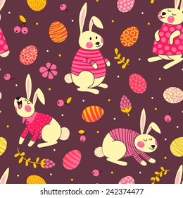 Happy Easter seamless pattern with cute bunnies and eggs. Vector illustration.