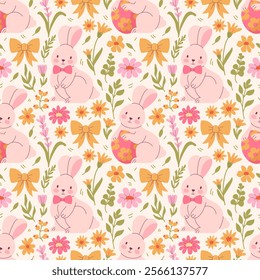 Happy Easter. Seamless pattern with cute bunnies, spring flowers on a light background. Festive backgrounds for wrapping paper, fabric printing. Vector illustration