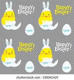 Happy Easter seamless pattern with cute little chicken character wearing bunny ears in egg. Vector illustration.