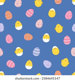 Happy Easter seamless pattern with cute yellow chick, colourful eggs and baby chicken. Animal wildlife holiday cartoon character. -Vector.