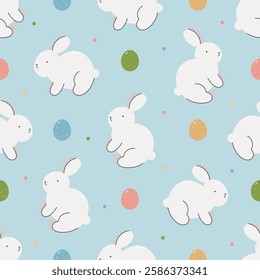 Happy Easter seamless pattern with cute bunny and eggs. Spring seamless pattern. Flat vector background. Creative texture for fabric, wrapping, textile, wallpaper, apparel.