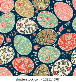 Happy Easter seamless pattern with decorated painted Easter eggs with flowers in folk style. Vector design for greeting invitation cards, print, wrapping paper