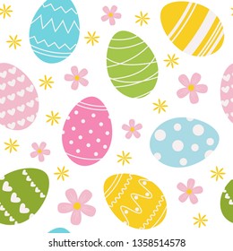 Happy Easter seamless pattern with decorated eggs. Vector flat illustration for greeting cards, design, wrapping paper, prints