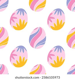 Happy Easter. Seamless pattern with decorated Easter eggs in trendy flat style. 