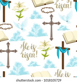 Happy Easter seamless pattern of decorative objects. Religious symbols of faith.