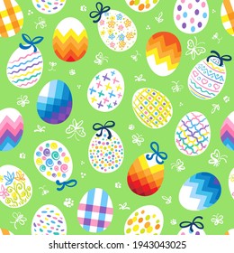 Happy Easter. Seamless pattern from decorative colorful eggs. On a green background. Vector flat illustration.