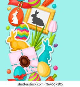 Happy Easter seamless pattern with decorative objects, eggs, bunnies stickers. Background can be used for holiday prints, textiles and greeting cards.