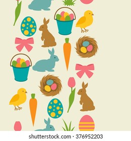 Happy Easter seamless pattern with decorative objects. Background can be used for holiday prints, textiles and greeting cards.