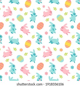 Happy Easter seamless pattern with different poses bunny, leaves, flower, isolated on white background. Vector flat illustration. Design for textile, wrapping, wallpaper, backdrop