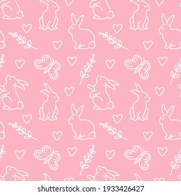 Happy Easter seamless pattern with different poses bunny, leaves, heart, butterfly isolated on pink background. Vector doodle illustration. Design for textile, wrapping, wallpaper, backdrop