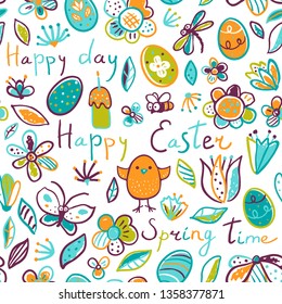 Happy Easter seamless pattern in doodle style . Easter vector seamless pattern with eggs, flowers, chicken, cake, for textile print, page fill, wrapping paper, web design