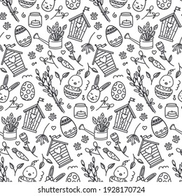 Happy easter seamless pattern with doodle elements in black and white colors. Vector wrapping paper.