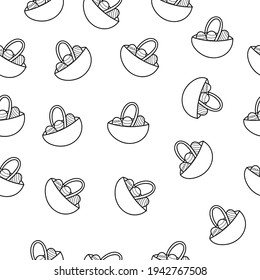 Happy Easter seamless pattern with egg basket and floral branches. Cute doodle spring holiday texture