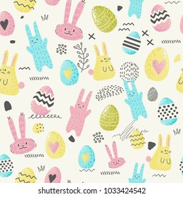 Happy Easter Seamless Pattern with Eggs, Bunny and Flowers. Spring Background for Fabric, Wrapping Paper and Greeting Cards. Vector illustration