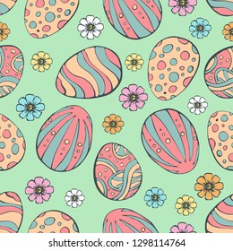 Happy Easter seamless pattern. Happy Easter with Easter eggs and flowers for greeting card, invitation template. Vector doodle set