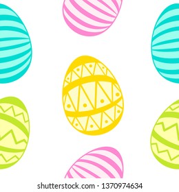 Happy Easter seamless pattern. Eggs on the white background. Stock vector illustration. Colorful seamless texture. Religious holiday.