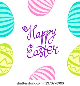 Happy Easter seamless pattern. Eggs with handwritten lettering on the white background. Stock vector illustration. Colorful seamless texture. Religious holiday.