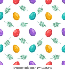Happy Easter seamless pattern with eggs. The symbol of the Christian Spring Holiday. Festive decoration with abstract elements and palm branch and leaves on a white background. Vector graphics