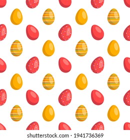 Happy Easter seamless pattern with eggs. The symbol of the Christian Spring Holiday. Festive decoration drawn in red and orange colours with abstract elements on a white background. Vector graphics