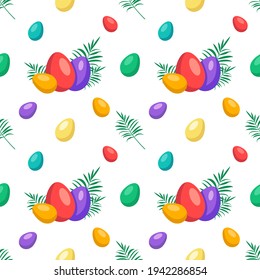 Happy Easter seamless pattern with eggs. The symbol of the Christian Spring Holiday. Festive decoration with abstract elements and palm branch and leaves on a white background. Vector graphics