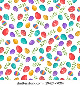 Happy Easter seamless pattern with eggs. The symbol of the Christian Spring Holiday. Festive decoration with abstract elements and palm branch and leaves on a white background. Vector graphics