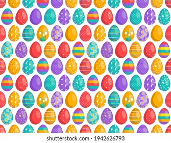 Happy Easter seamless pattern with eggs. The symbol of the Christian Spring Holiday. Festive decoration drawn in red and orange colours with abstract elements on a white background. Vector graphics