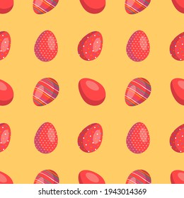 Happy Easter seamless pattern with eggs. The symbol of the Christian Spring Holiday. Festive decoration drawn in red and orange colours with abstract elements on a white background. Vector graphics