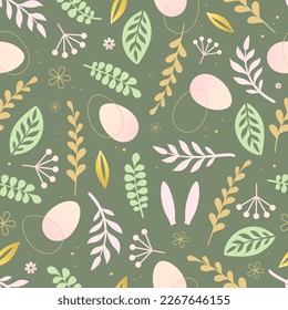 Happy Easter seamless pattern with easter eggs, rabbit ears and floral decorative elements. Easter background. Vector illustration