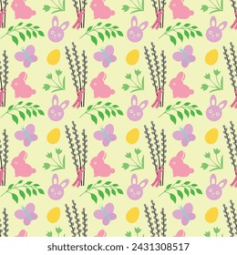 Happy Easter seamless pattern. Easter eggs, willow trees, bugs and flower