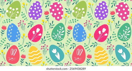 Happy Easter seamless pattern with easter eggs. Vector illustration in flat design.
