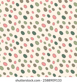 Happy Easter seamless pattern with eggs on color background. Polka dots design for card, postcard, wallpaper, posters. Vector stock illustration. Cartoon style.